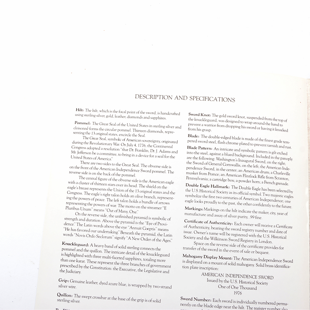 American Independence Sword With Sterling Silver, Diamond, and Sapphire Hilt