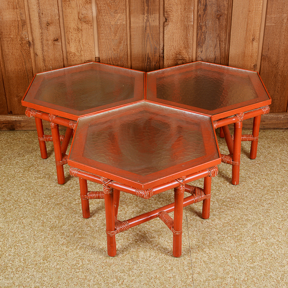 Vintage Three Piece Rattan Occasional Table