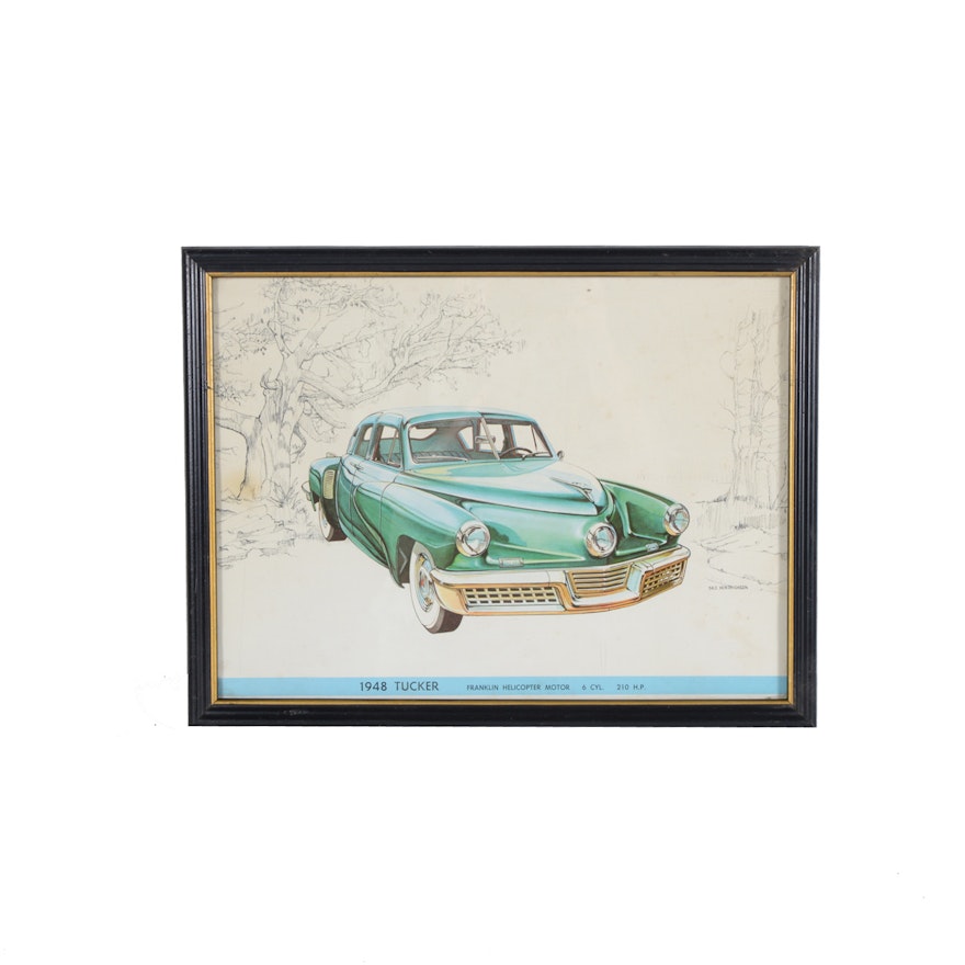 Vintage Framed Offset Lithograph After a Gale Hendrickson Car Illustration