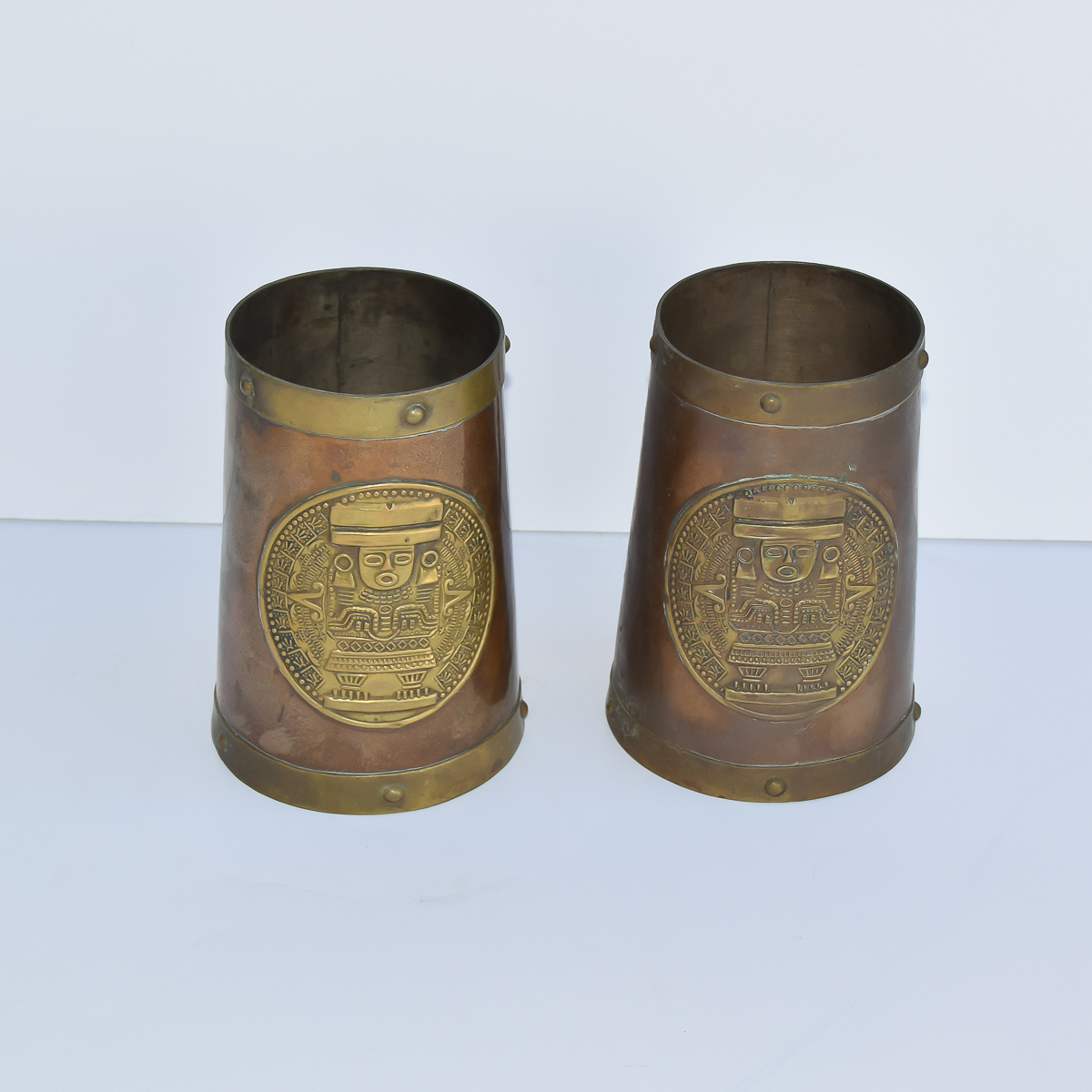 Pair of Vintage Brass and Copper Mayan Mugs