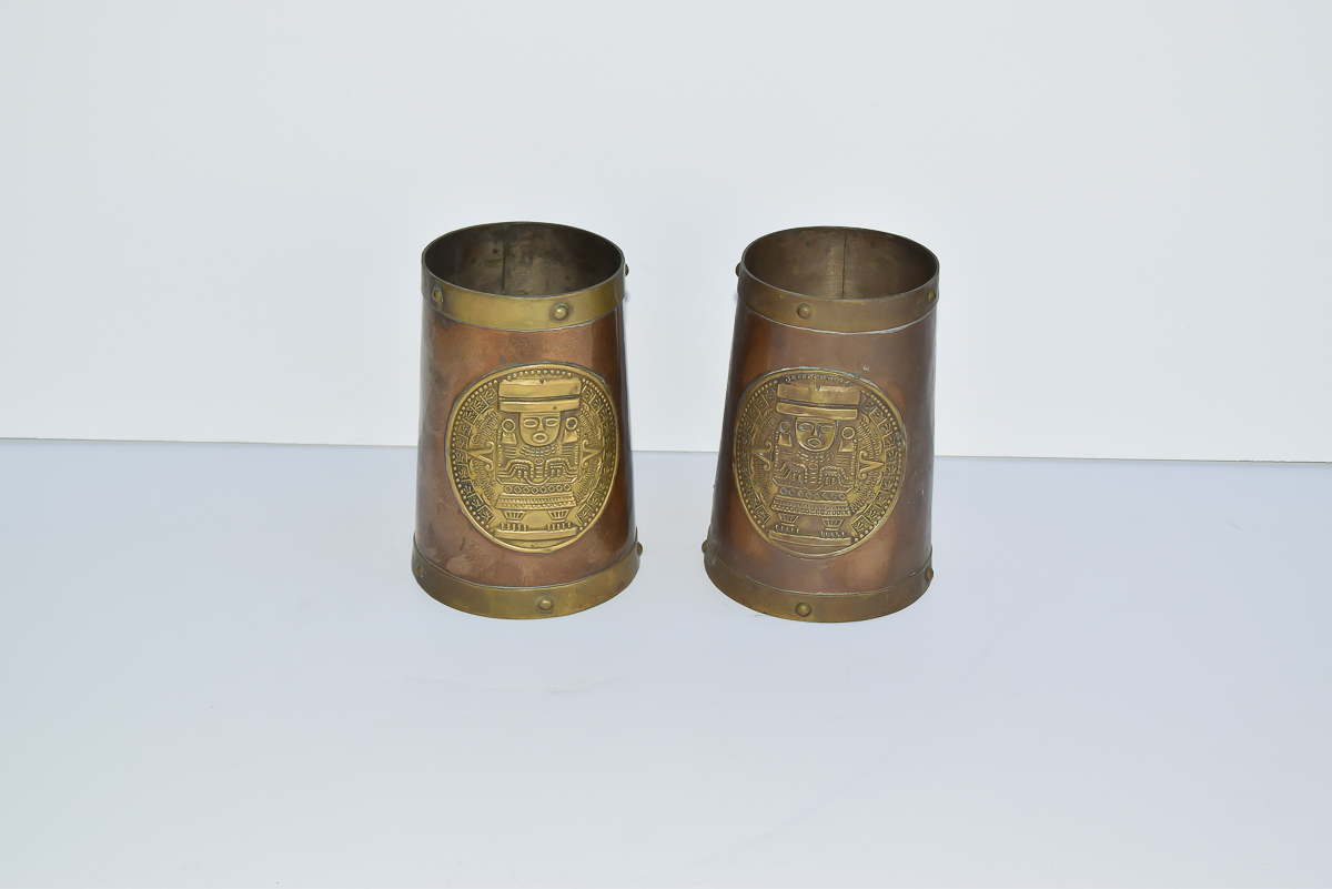 Pair of Vintage Brass and Copper Mayan Mugs