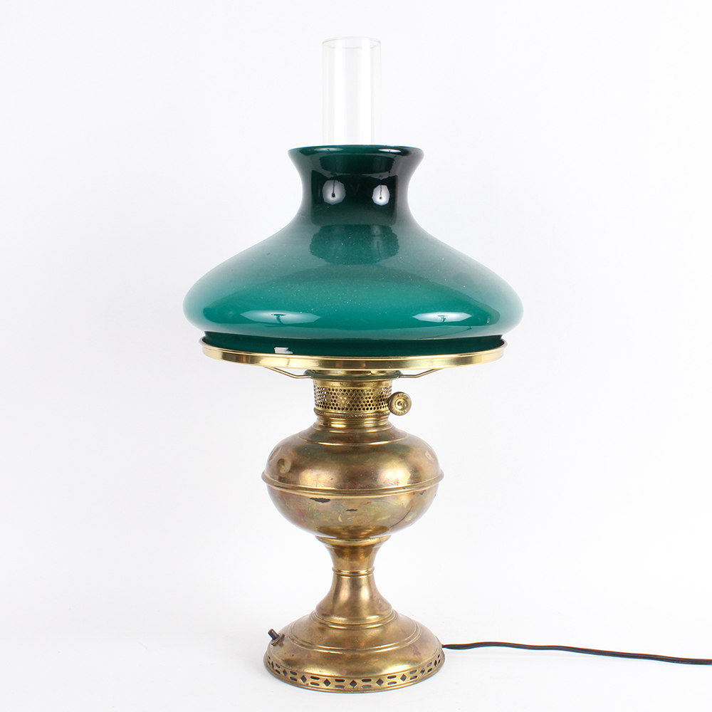 Brass Hurricane Lamp with Aquamarine Glass Shade