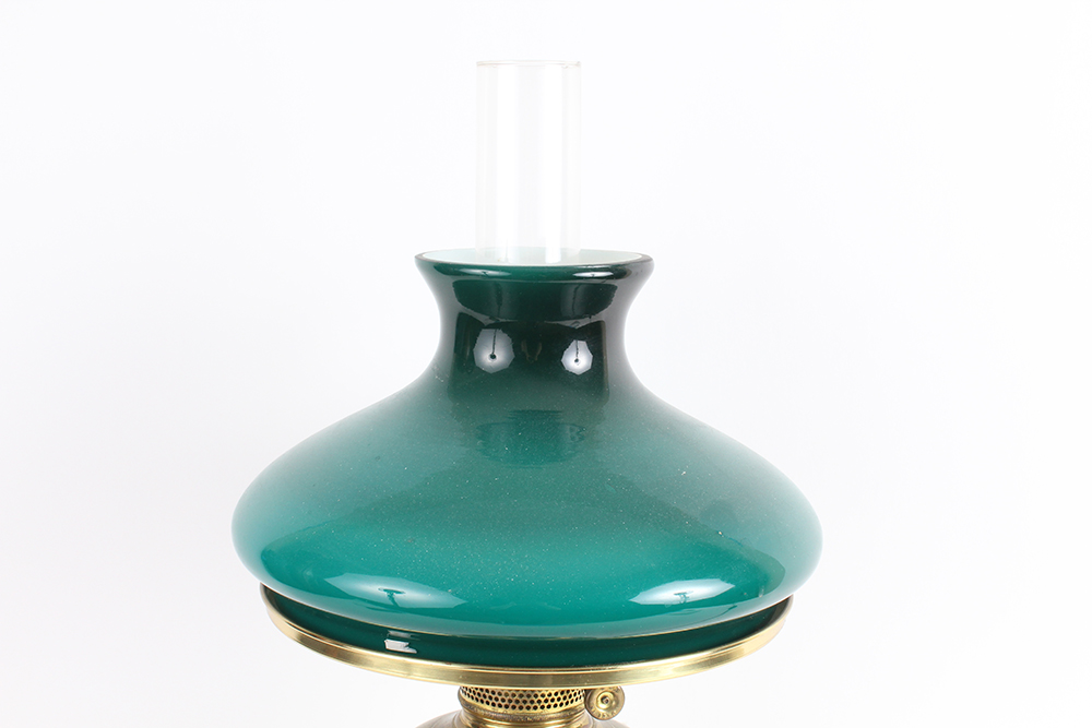 Brass Hurricane Lamp with Aquamarine Glass Shade