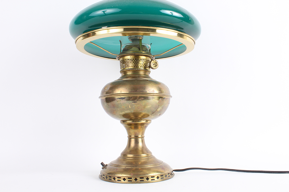 Brass Hurricane Lamp with Aquamarine Glass Shade