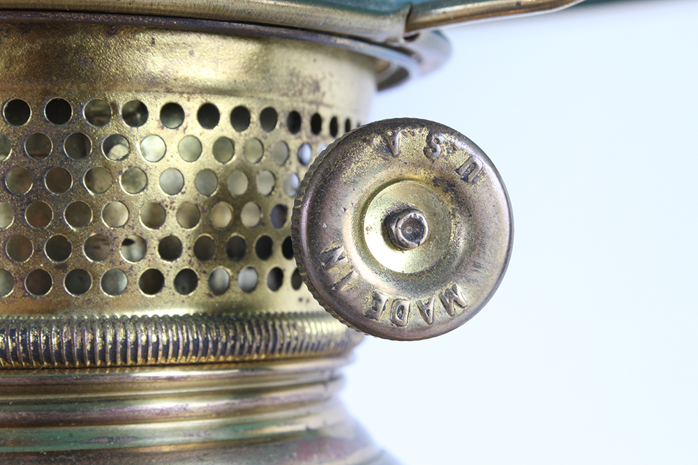 Brass Hurricane Lamp with Aquamarine Glass Shade