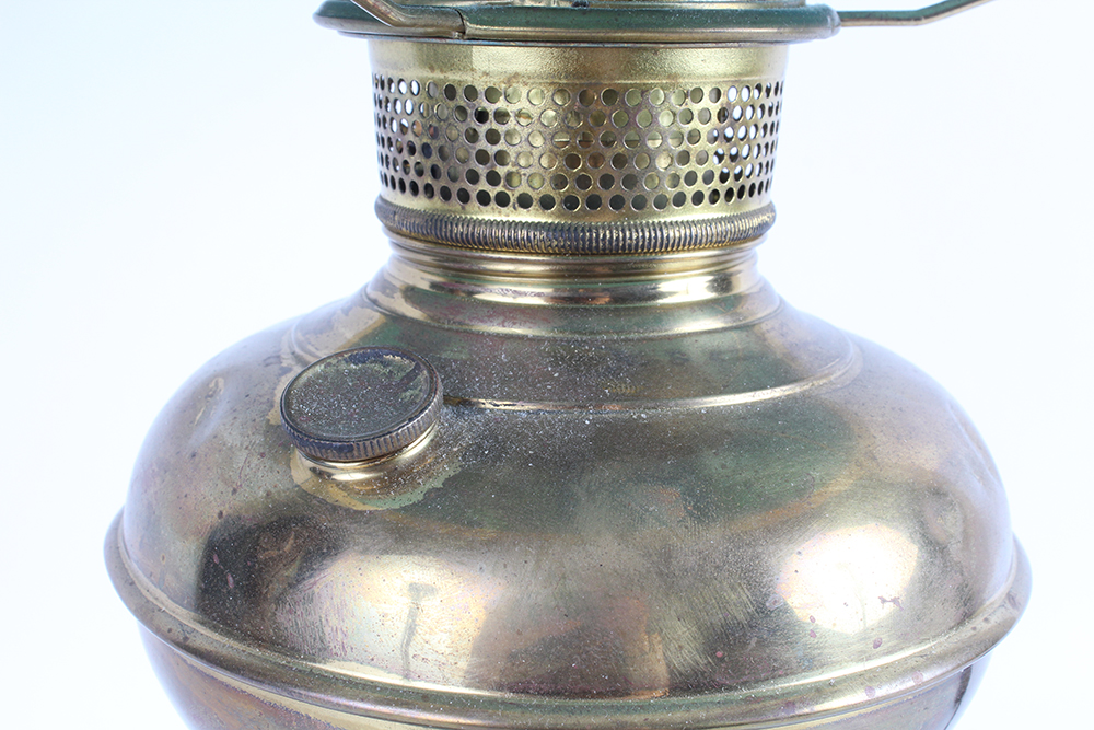 Brass Hurricane Lamp with Aquamarine Glass Shade