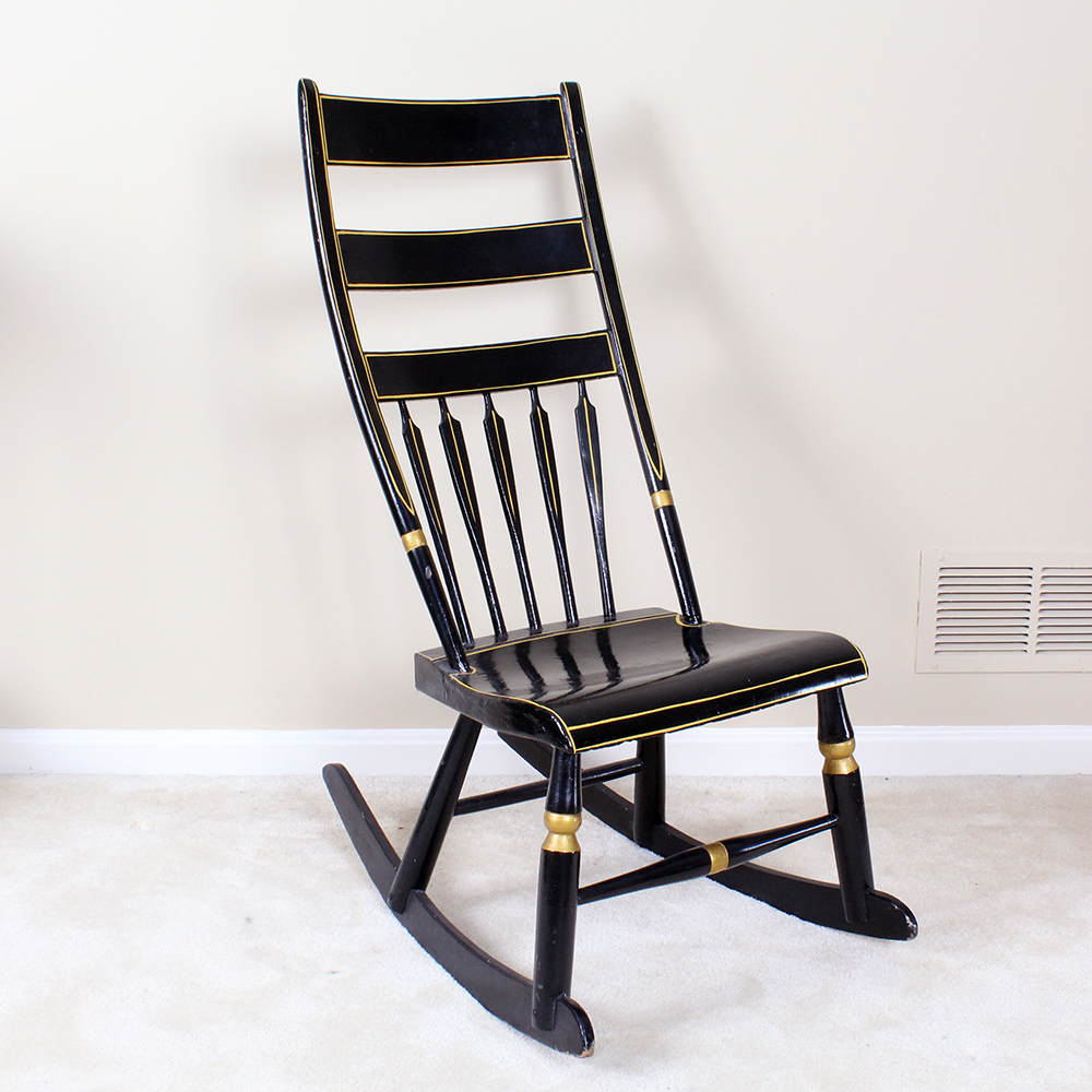 Antique Hitchcock Style Black Lacquered Rocking Chair