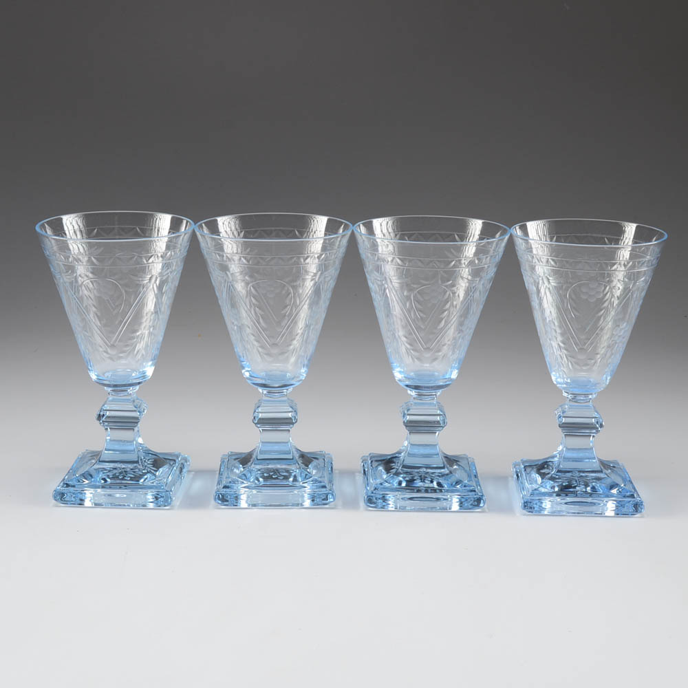 Set of Four Cut Glass Blue Tinted Goblets