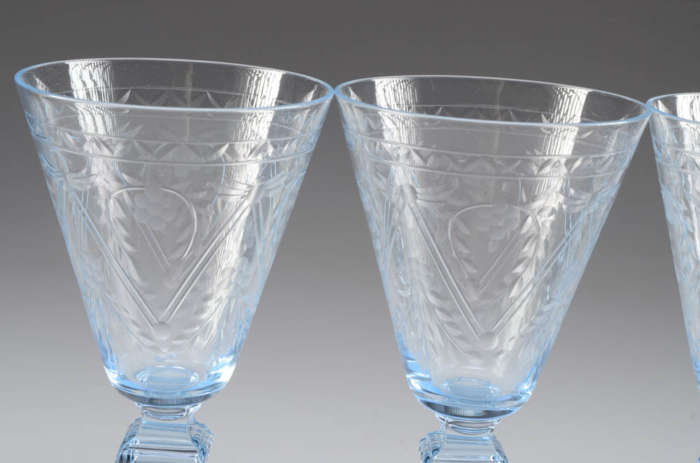 Set of Four Cut Glass Blue Tinted Goblets