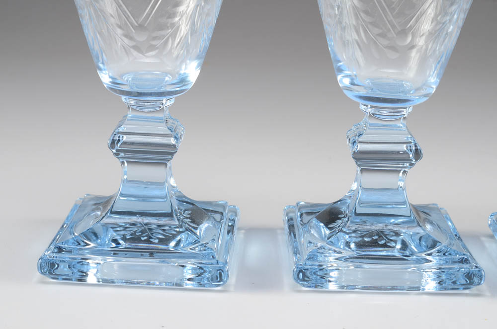 Set of Four Cut Glass Blue Tinted Goblets