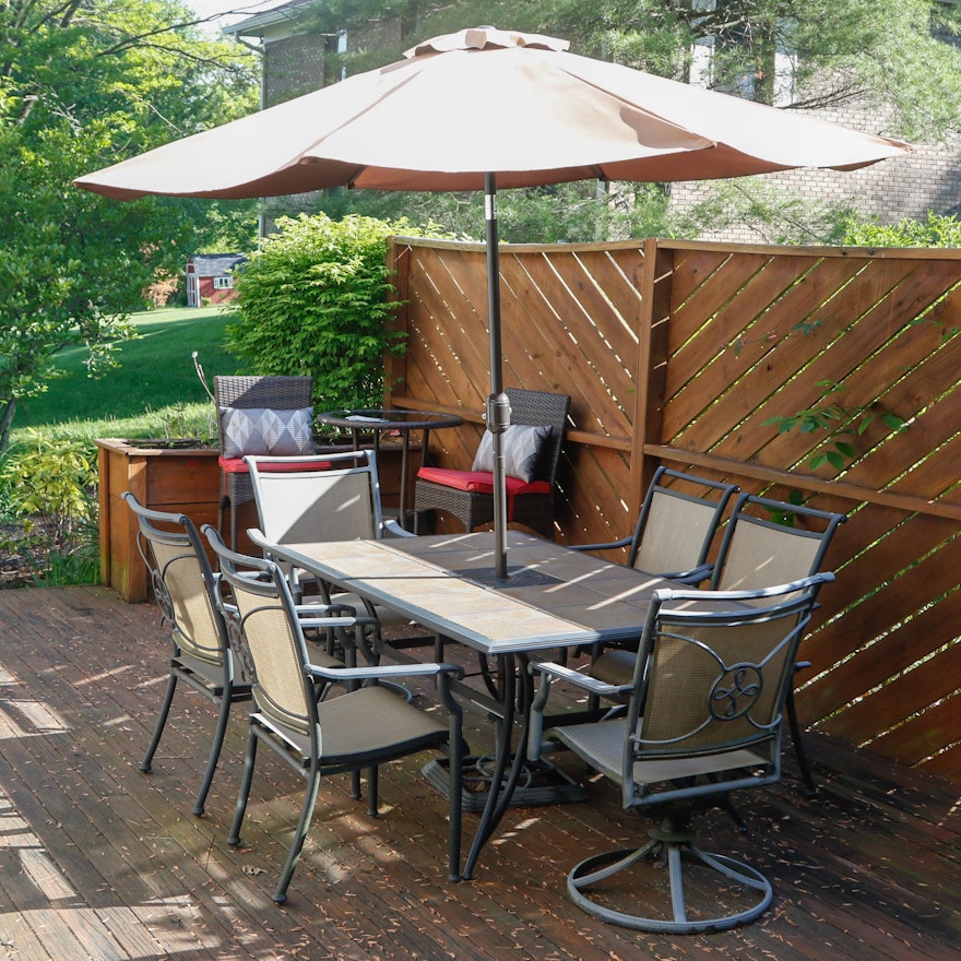 Ceramic Tile Top Patio Dining Table and Chairs with Umbrella