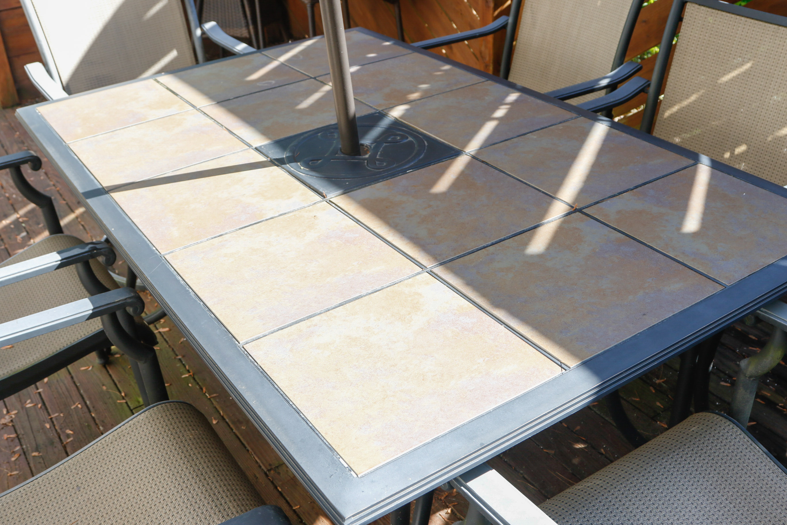 Ceramic Tile Top Patio Dining Table and Chairs with Umbrella