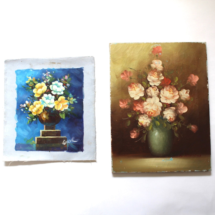 Duet of Vintage Floral Original Art Paintings