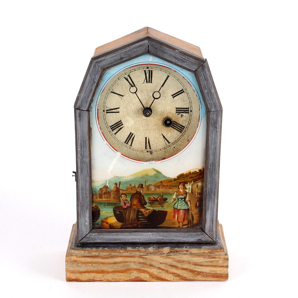 Mid 19th Century German Mantel Clock With Reverse Painted Glass
