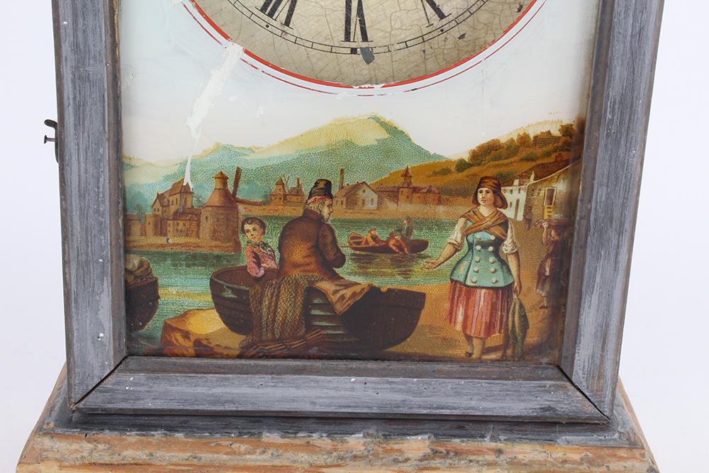 Mid 19th Century German Mantel Clock With Reverse Painted Glass