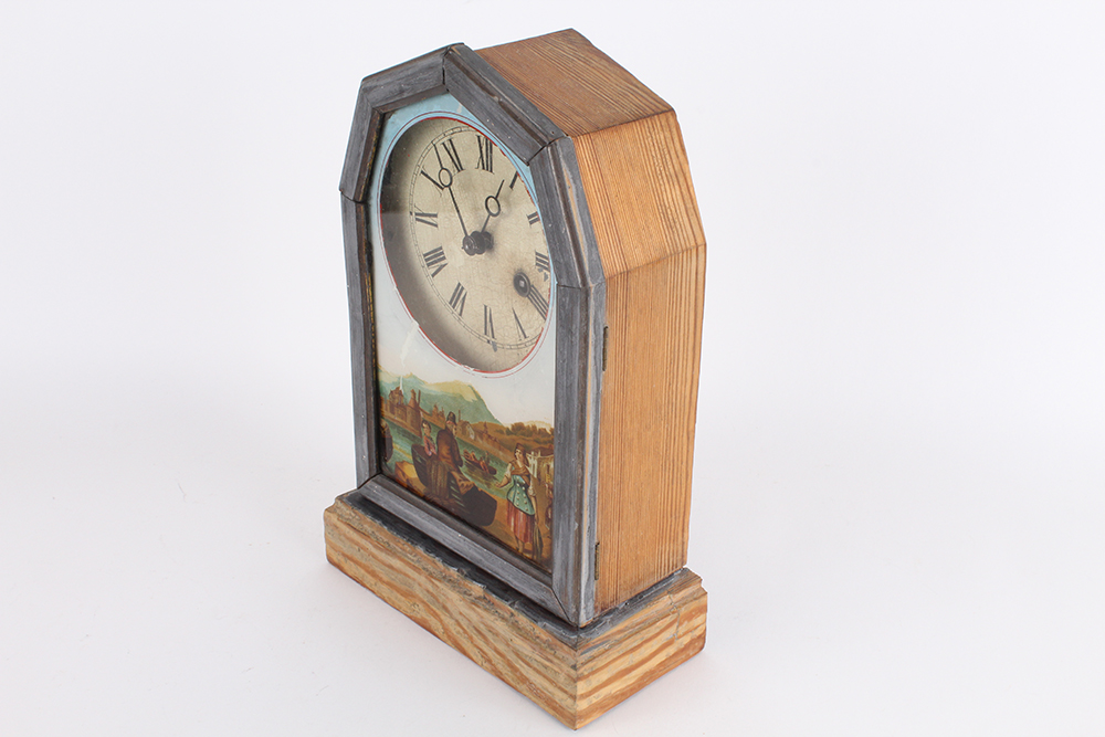Mid 19th Century German Mantel Clock With Reverse Painted Glass
