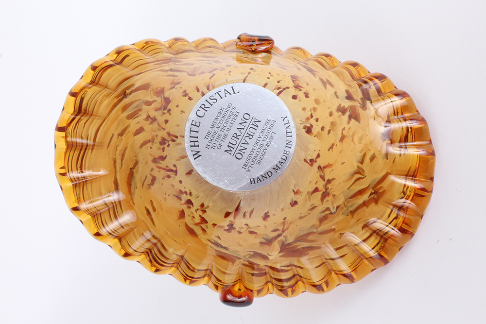 Italian Murano White Cristal Amber Basket