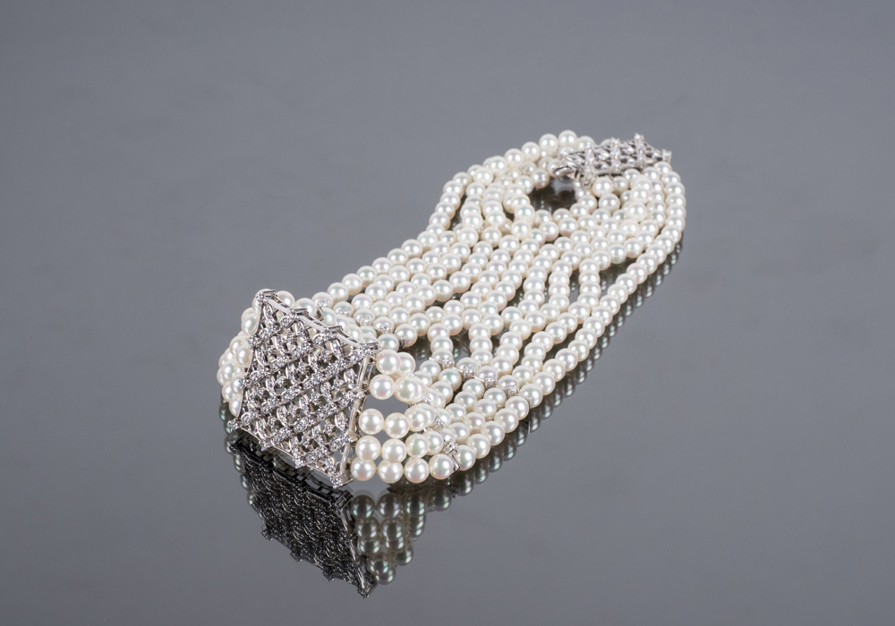 MIKIMOTO Platinum, Diamond and Five-Strand Pearl Choker