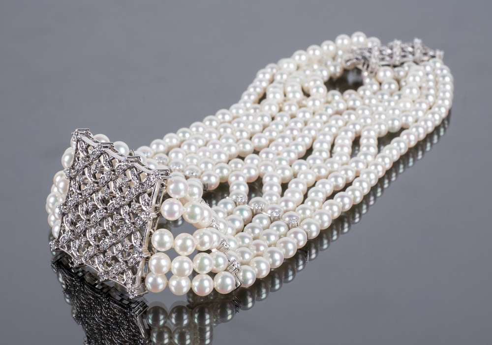 MIKIMOTO Platinum, Diamond and Five-Strand Pearl Choker