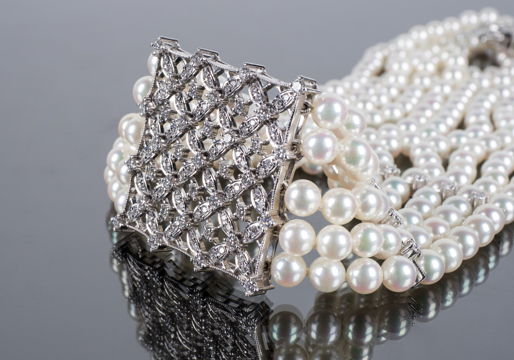 MIKIMOTO Platinum, Diamond and Five-Strand Pearl Choker