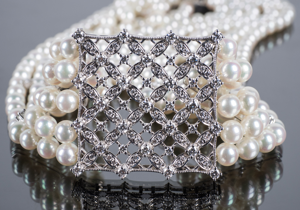 MIKIMOTO Platinum, Diamond and Five-Strand Pearl Choker