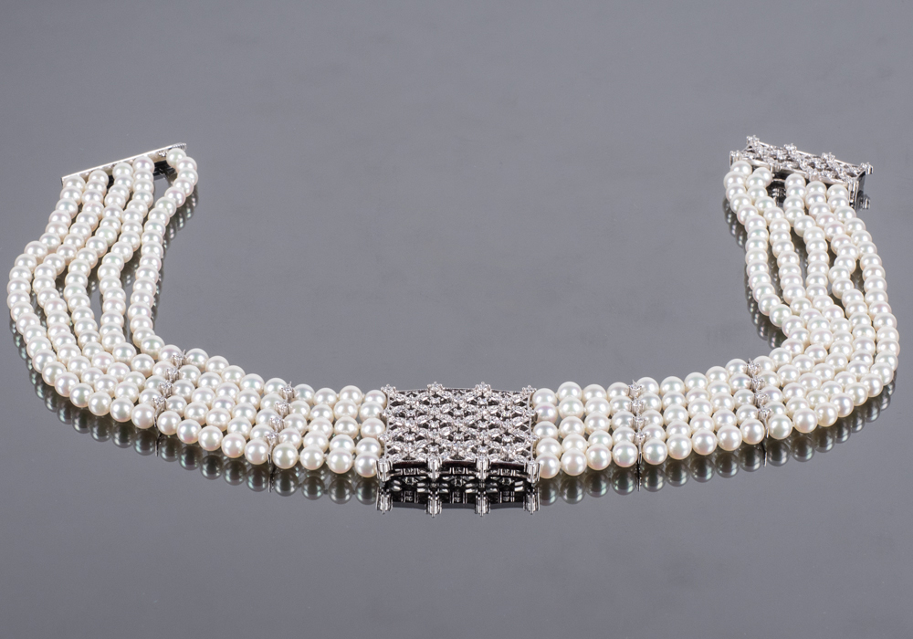 MIKIMOTO Platinum, Diamond and Five-Strand Pearl Choker
