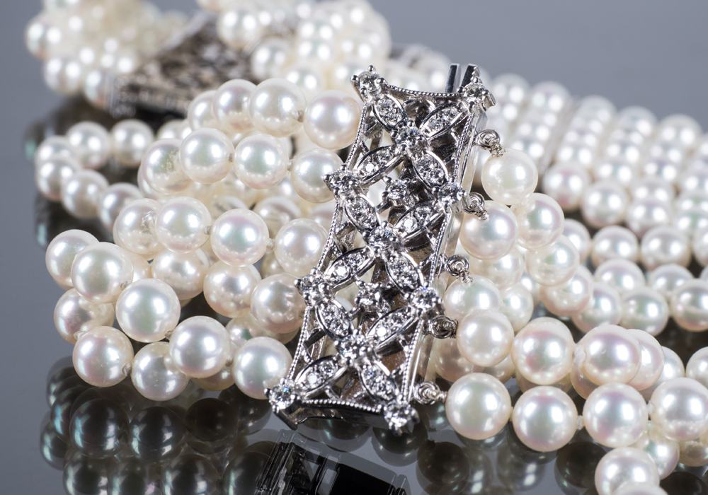 MIKIMOTO Platinum, Diamond and Five-Strand Pearl Choker