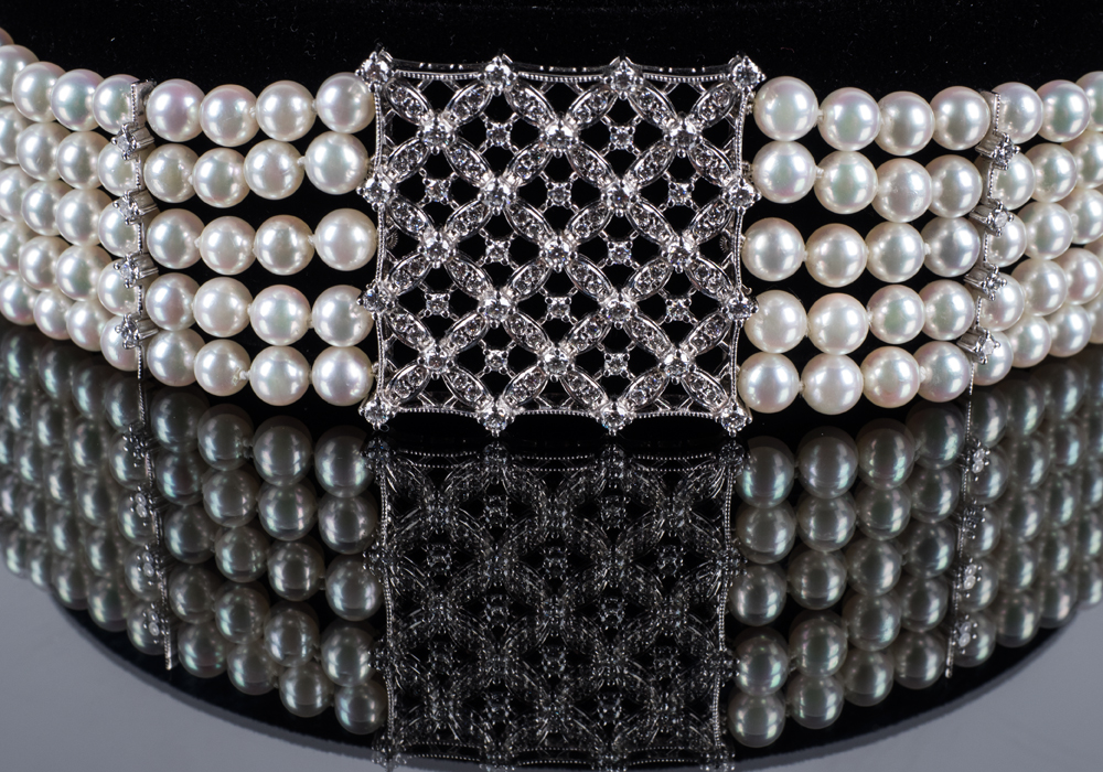 MIKIMOTO Platinum, Diamond and Five-Strand Pearl Choker