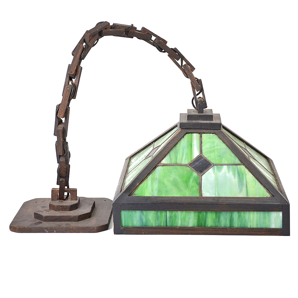 Arts and Crafts Leaded Stained Glass And Oak Pendant Lamp