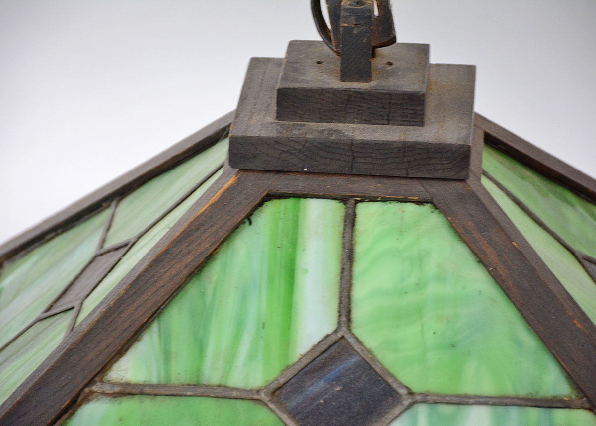 Arts and Crafts Leaded Stained Glass And Oak Pendant Lamp
