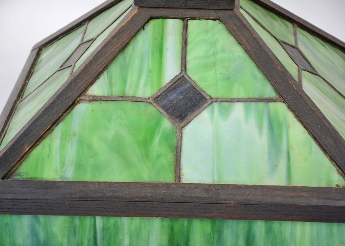 Arts and Crafts Leaded Stained Glass And Oak Pendant Lamp