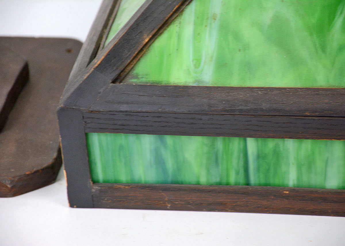 Arts and Crafts Leaded Stained Glass And Oak Pendant Lamp