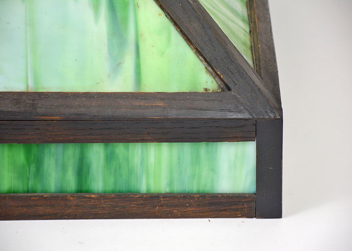 Arts and Crafts Leaded Stained Glass And Oak Pendant Lamp