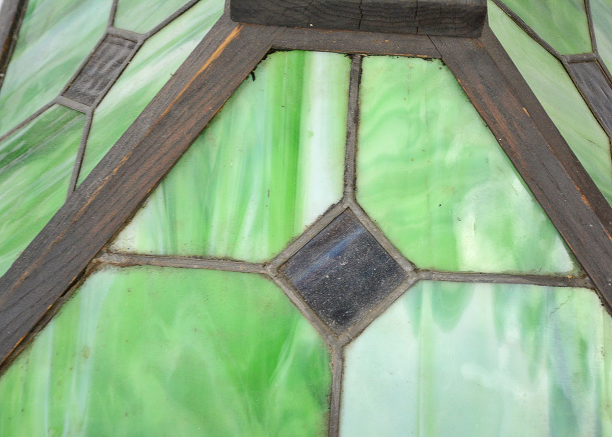 Arts and Crafts Leaded Stained Glass And Oak Pendant Lamp