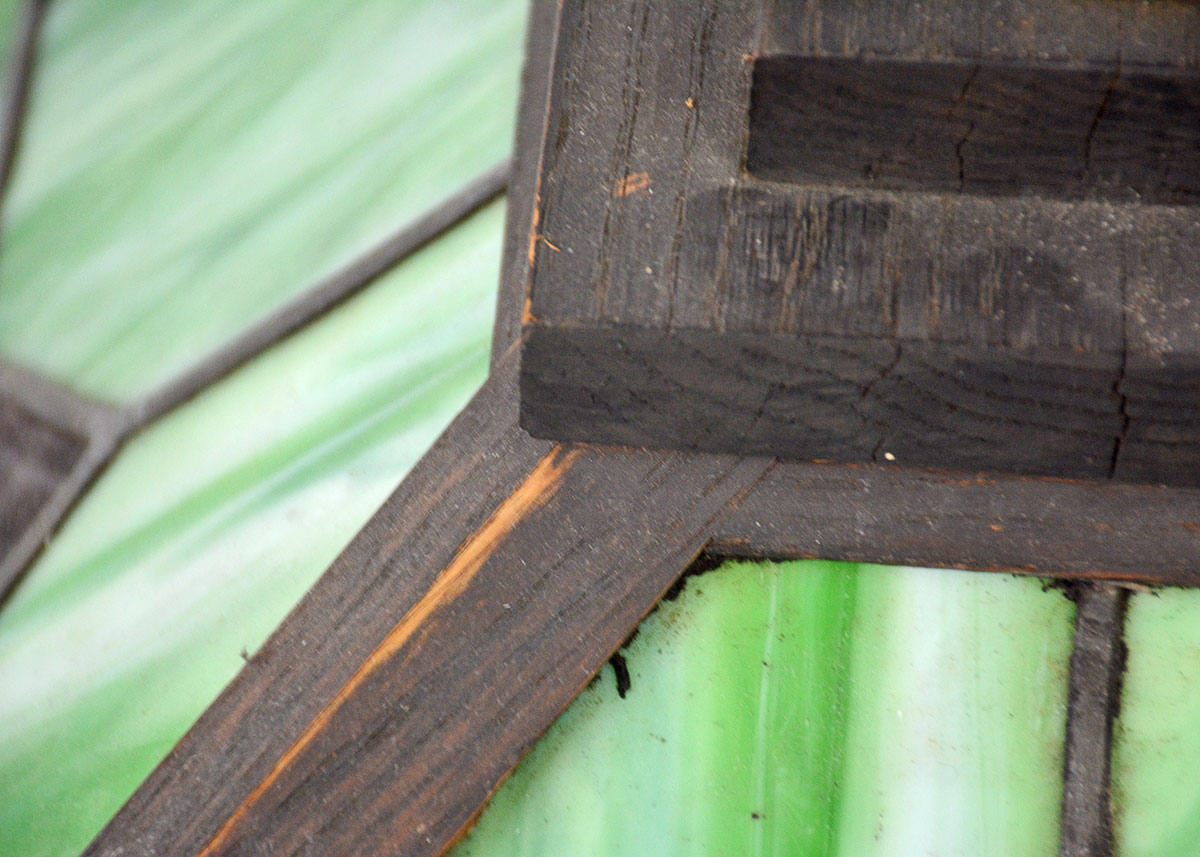 Arts and Crafts Leaded Stained Glass And Oak Pendant Lamp