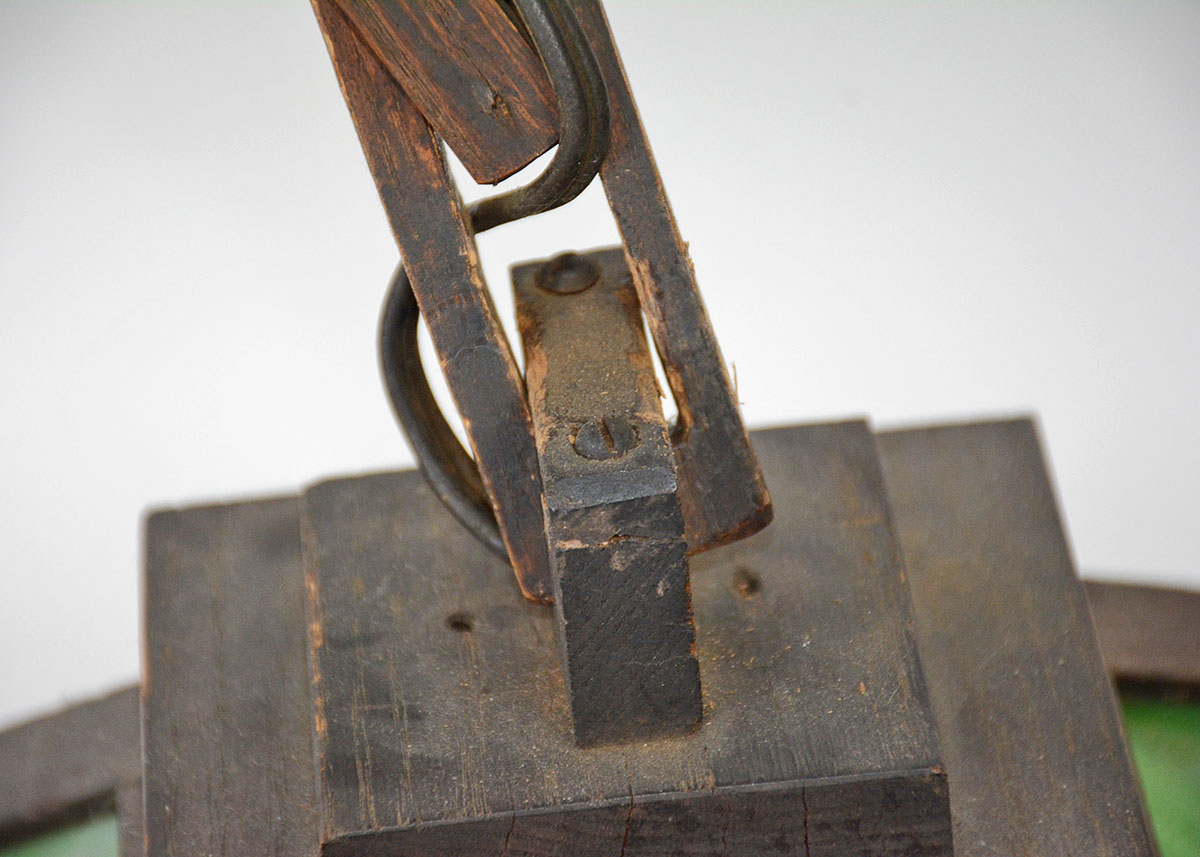 Arts and Crafts Leaded Stained Glass And Oak Pendant Lamp