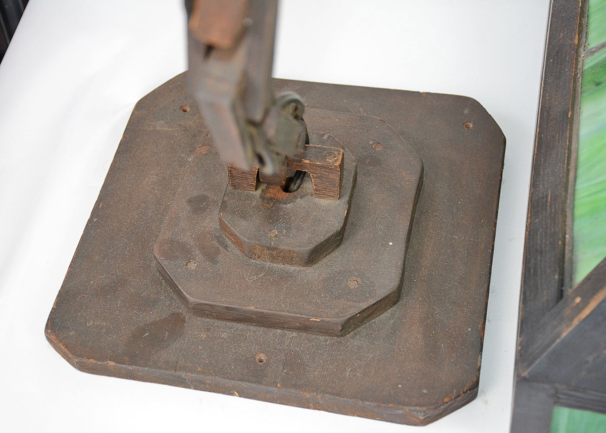 Arts and Crafts Leaded Stained Glass And Oak Pendant Lamp