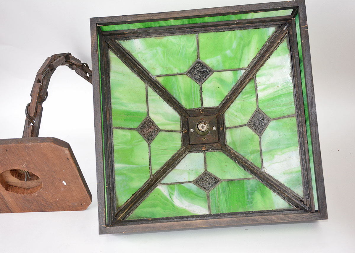 Arts and Crafts Leaded Stained Glass And Oak Pendant Lamp