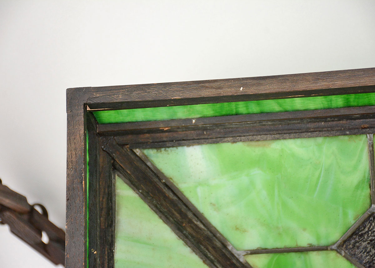 Arts and Crafts Leaded Stained Glass And Oak Pendant Lamp