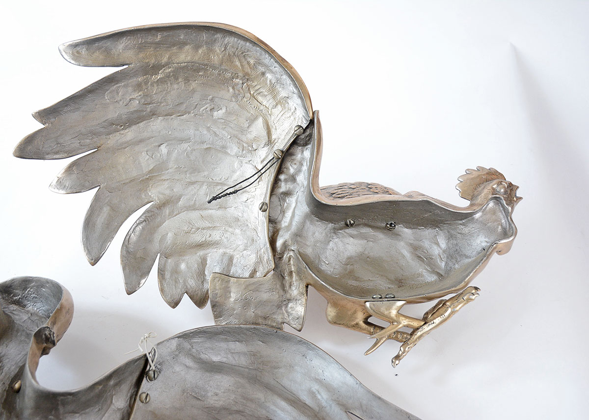 Bruce Fox Forge Cast Aluminum Hanging Sculpture of Fighting Cocks