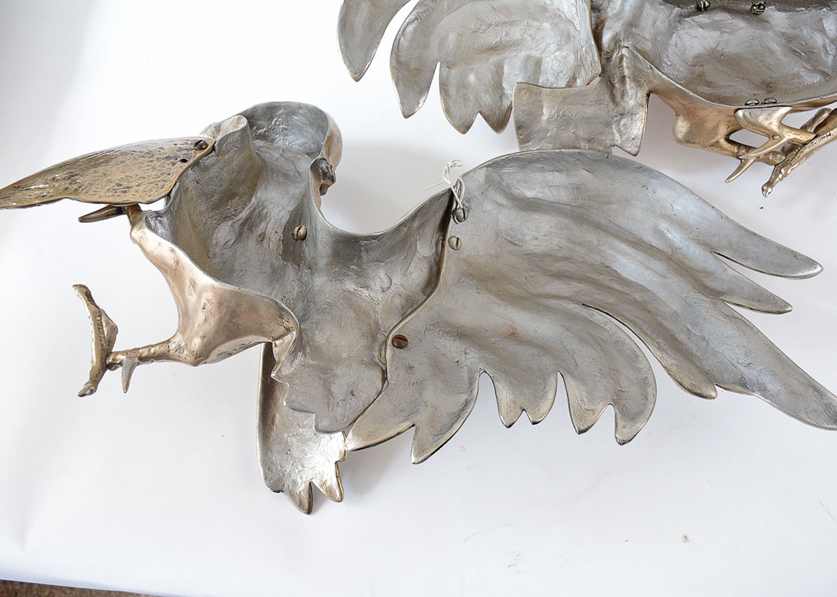 Bruce Fox Forge Cast Aluminum Hanging Sculpture of Fighting Cocks