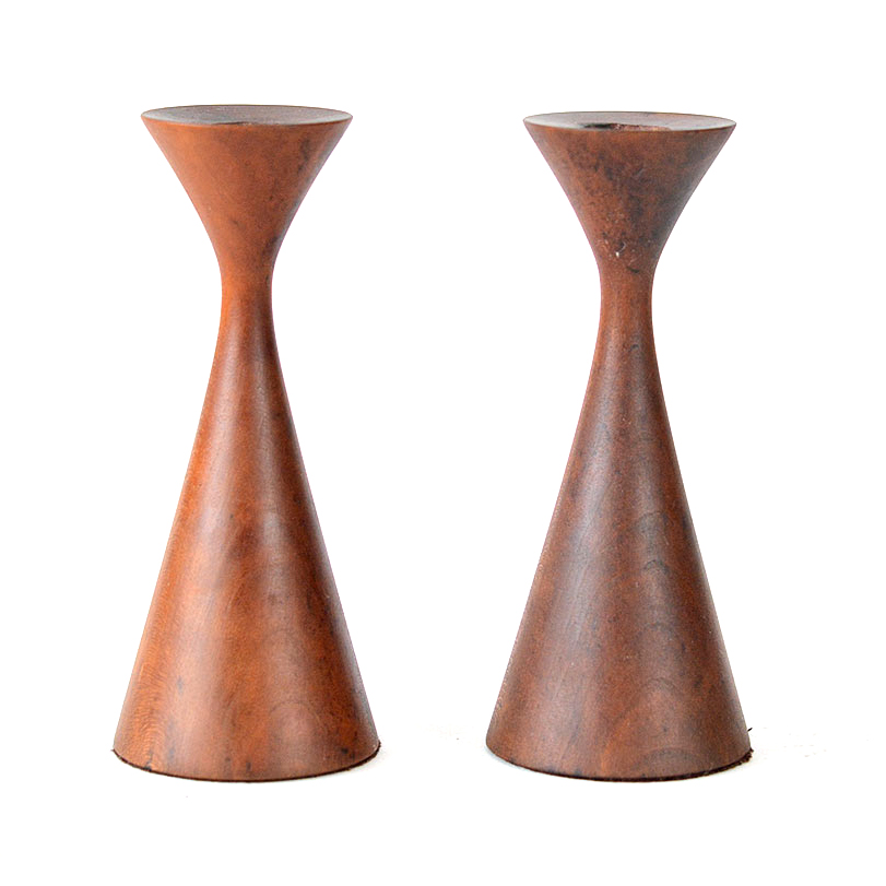 Pair of Mid Century Modern Turned Walnut Candle Sticks