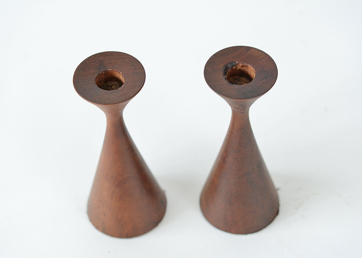 Pair of Mid Century Modern Turned Walnut Candle Sticks