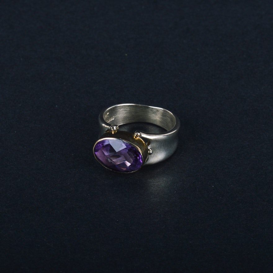 Sterling Amethyst Ring with 14K Yellow Gold Accent