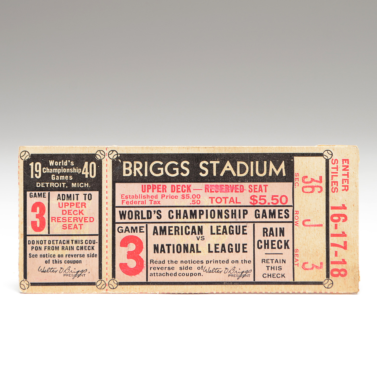 1940 Detroit World Series Ticket Stub
