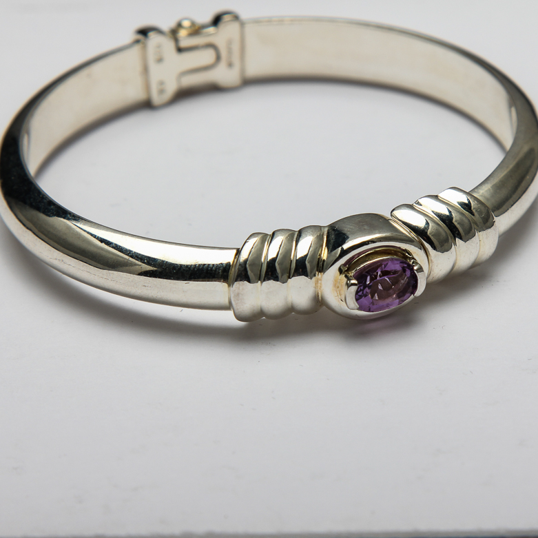 Pair of Silver Bracelets with Purple Gemstones