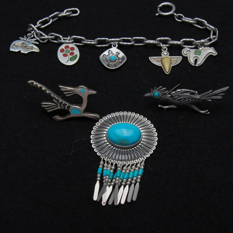 Trio of Sterling Silver Pins and Charm Bracelet