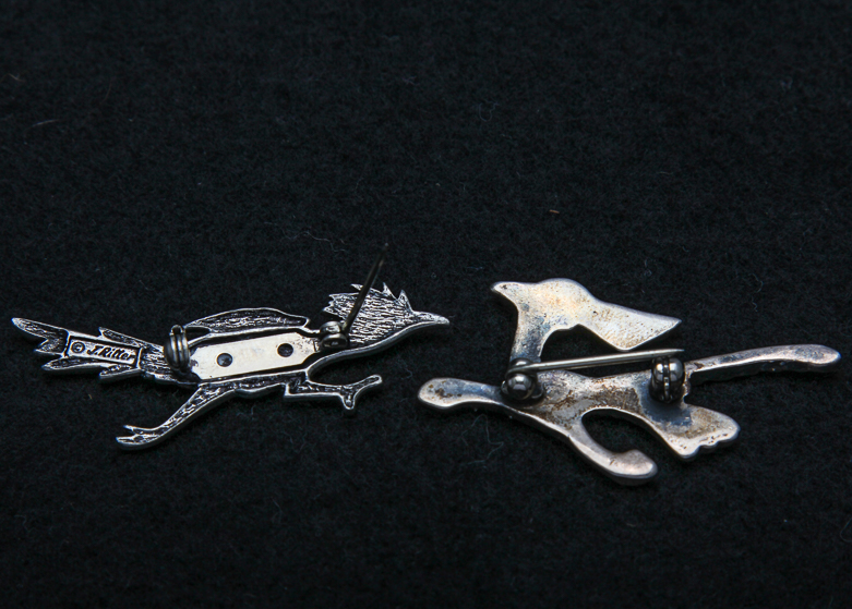 Trio of Sterling Silver Pins and Charm Bracelet