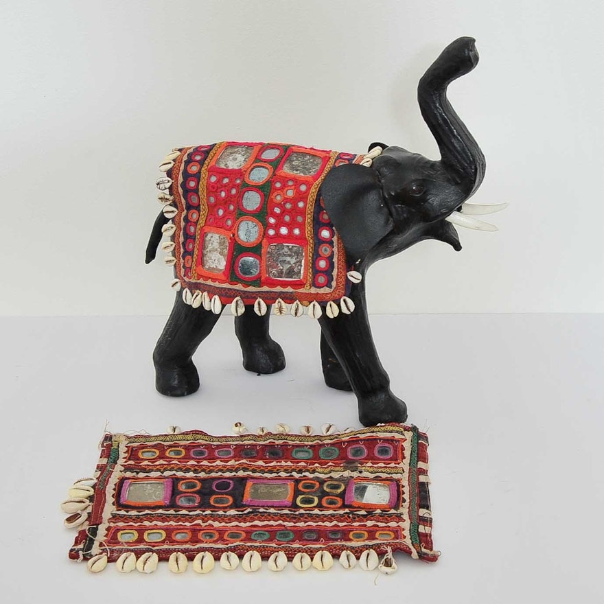 Leather Wrapped Elephant Figurine with Indian Embroideries