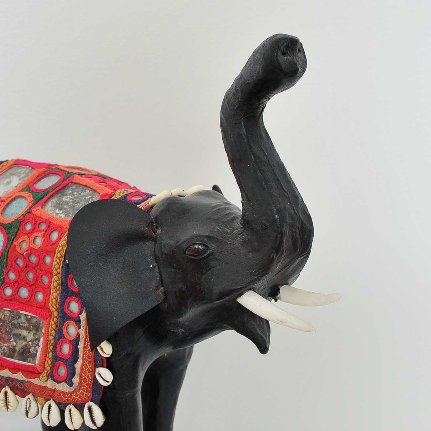 Leather Wrapped Elephant Figurine with Indian Embroideries